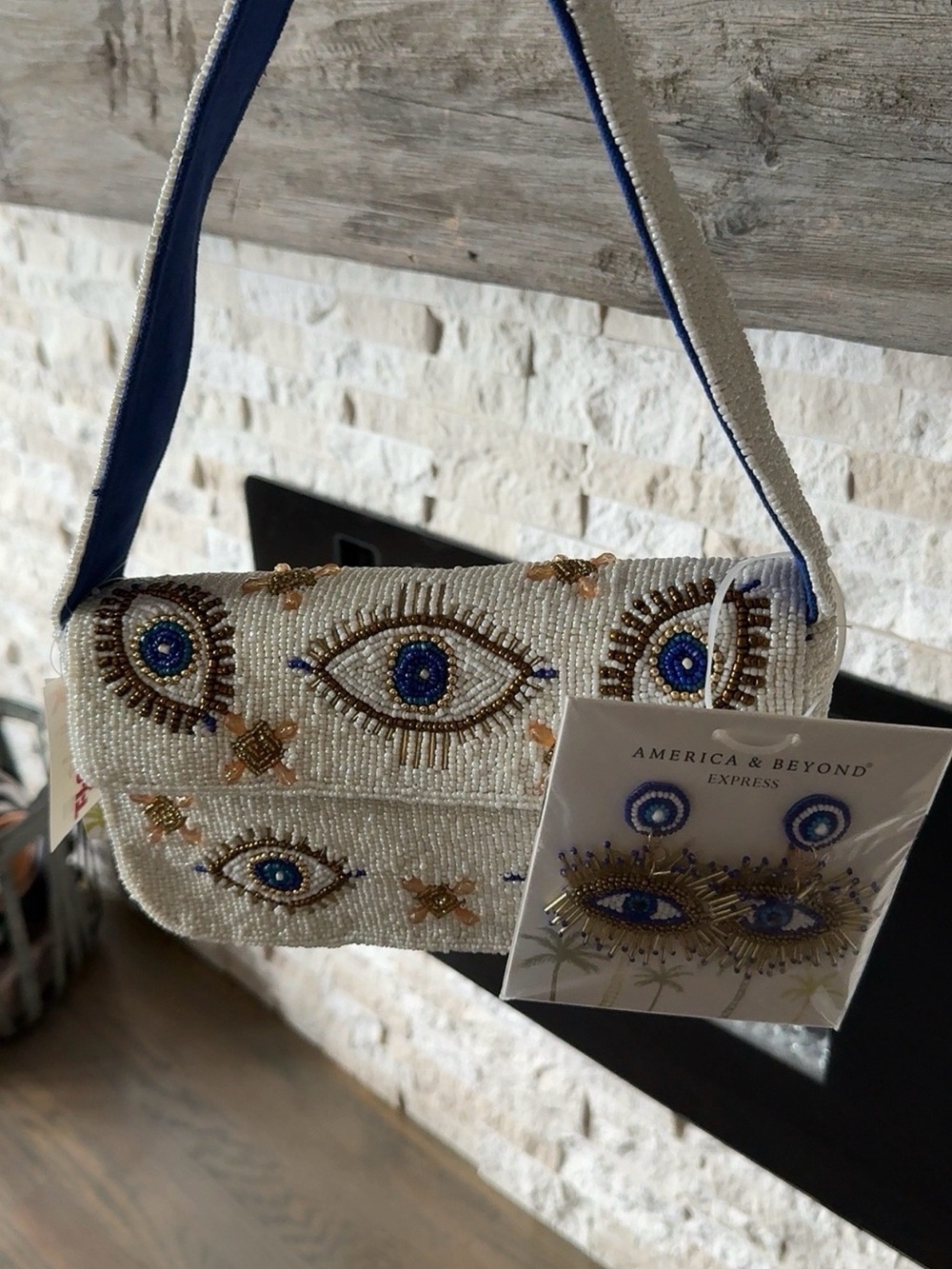 America & Beyond White Beaded Eye-Embellished Shoulder Clutch